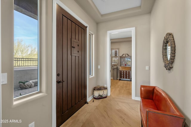 entryway featuring baseboards, a wealth of natural light, and light wood-style flooring