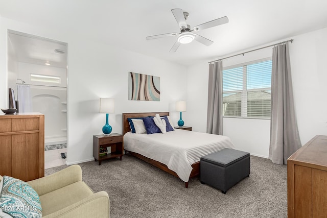 bedroom with light carpet and ceiling fan