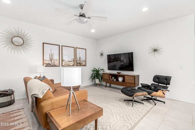 living room with light tile patterned floors and ceiling fan