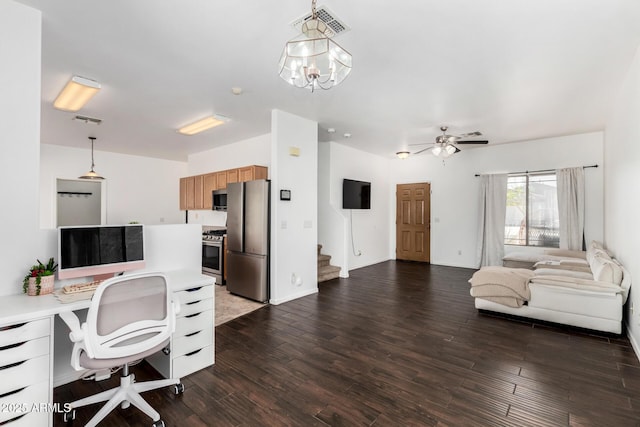 office area with dark wood-type flooring, baseboards, visible vents, and ceiling fan with notable chandelier