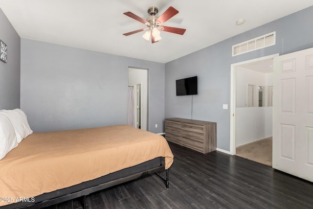 bedroom featuring baseboards, visible vents, ceiling fan, and dark wood-style flooring