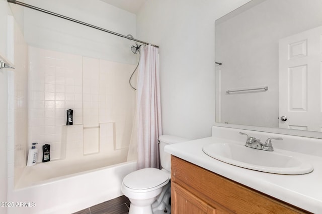 full bathroom with shower / bathtub combination with curtain, toilet, and vanity