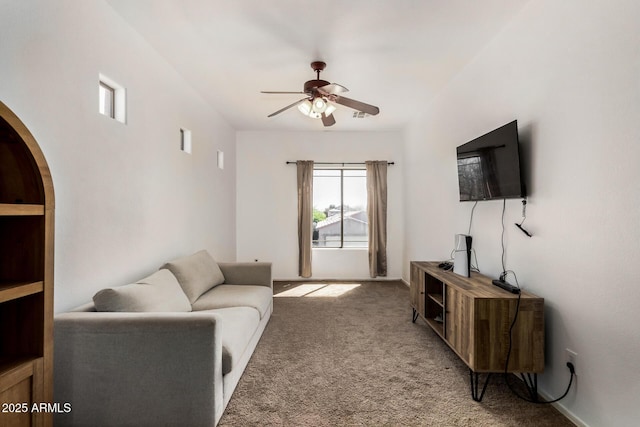 living room with carpet floors and ceiling fan