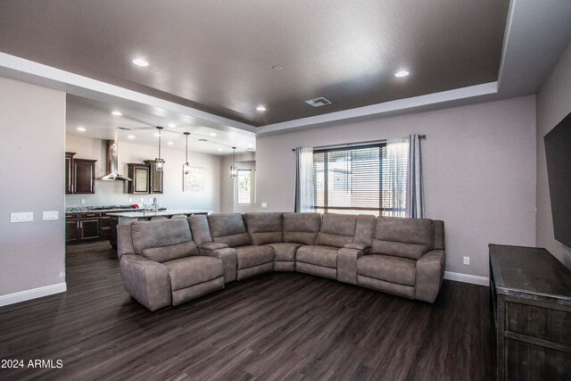 living room with sink, a raised ceiling, and dark wood-type flooring