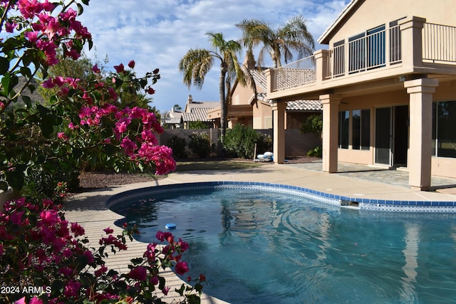 view of swimming pool featuring a fenced in pool, a patio area, and fence