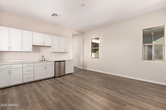 kitchen with white cabinetry, dishwasher, and dark hardwood / wood-style floors