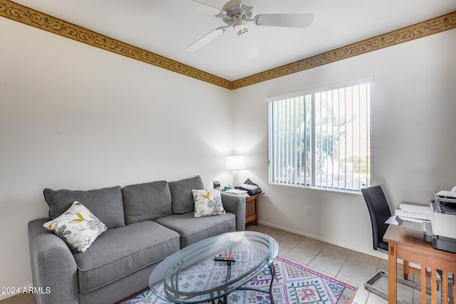 tiled home office with ceiling fan