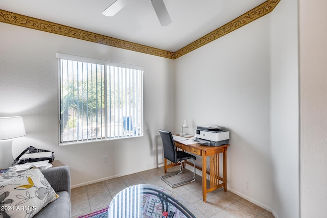 tiled office with ceiling fan