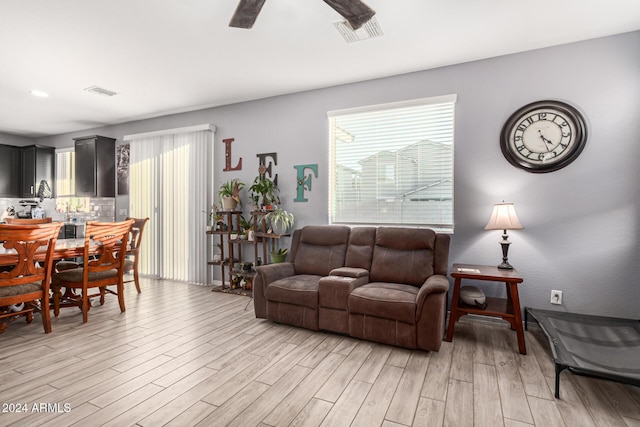 living room with a healthy amount of sunlight and light hardwood / wood-style floors