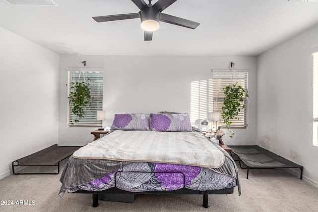 bedroom with carpet flooring, multiple windows, and ceiling fan