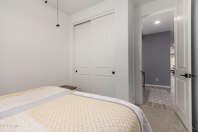 bedroom with hardwood / wood-style flooring and a closet