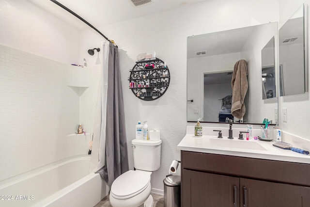 full bathroom featuring vanity, toilet, and shower / bathtub combination with curtain