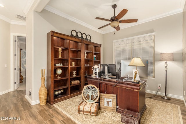 office area featuring ceiling fan, hardwood / wood-style flooring, and crown molding