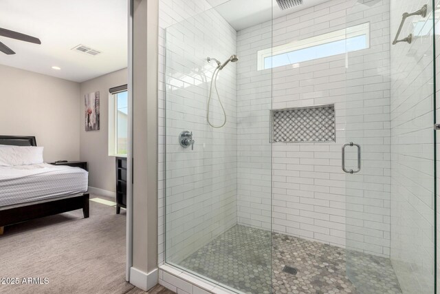 1005 E Weldon Ave, Phoenix, AZ 85014 - bathroom featuring a stall shower, baseboards, connected bathroom, a ceiling fan, and recessed lighting