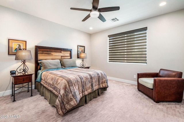 1005 E Weldon Ave, Phoenix, AZ 85014 - bedroom with baseboards, light carpet, recessed lighting, and ceiling fan
