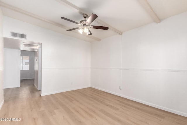 unfurnished room featuring beam ceiling, light hardwood / wood-style flooring, and ceiling fan