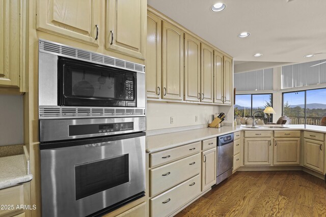 kitchen with sink, stainless steel appliances, dark hardwood / wood-style floors, and light brown cabinets