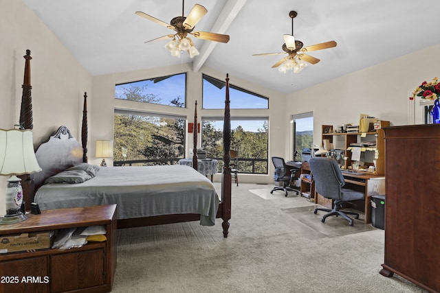 bedroom featuring beamed ceiling, light colored carpet, high vaulted ceiling, and ceiling fan