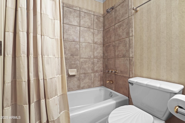 bathroom with toilet and shower / tub combo with curtain