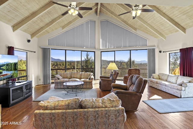 living room with wood-type flooring, high vaulted ceiling, ceiling fan, and beam ceiling