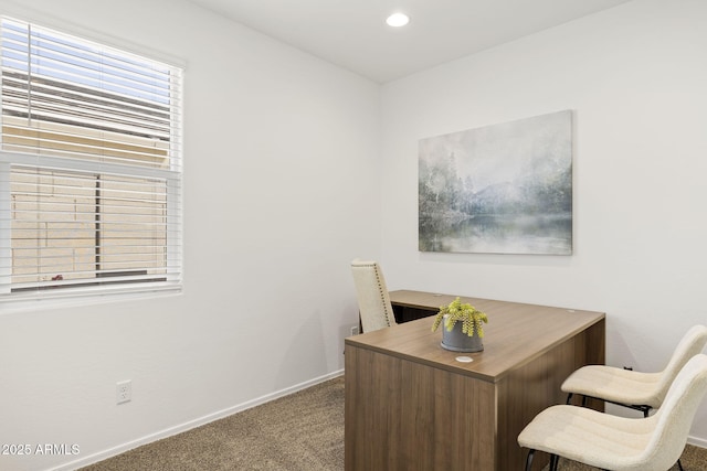 office with carpet floors, baseboards, and recessed lighting