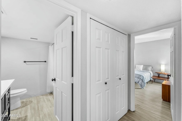 bathroom featuring vanity, hardwood / wood-style flooring, and toilet