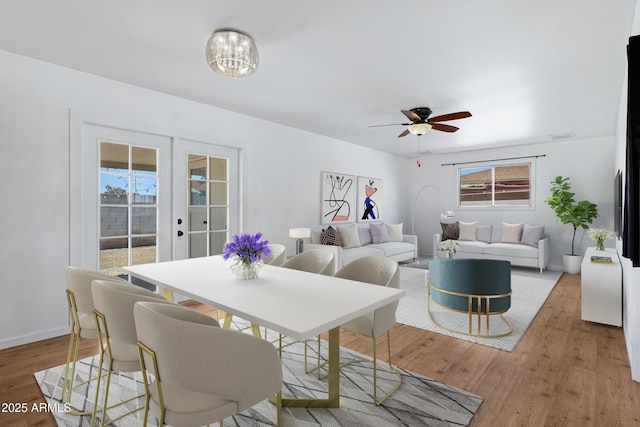 1215 E Geneva Dr, Tempe, AZ 85282 - dining space featuring ceiling fan, light wood-style floors, french doors, and baseboards