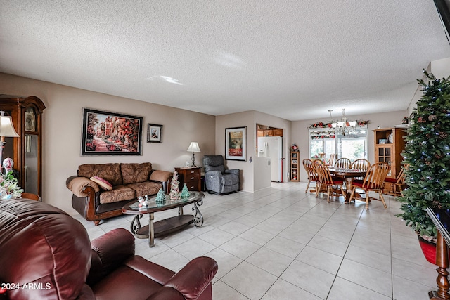 tiled living room with a textured ceiling