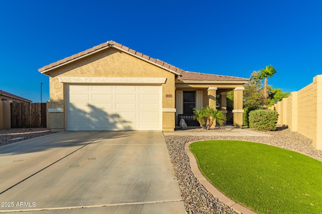3532 W Mesquite Ave, San Tan Valley, AZ 85144 - ranch-style house with a garage, driveway, stucco siding, and a tiled roof