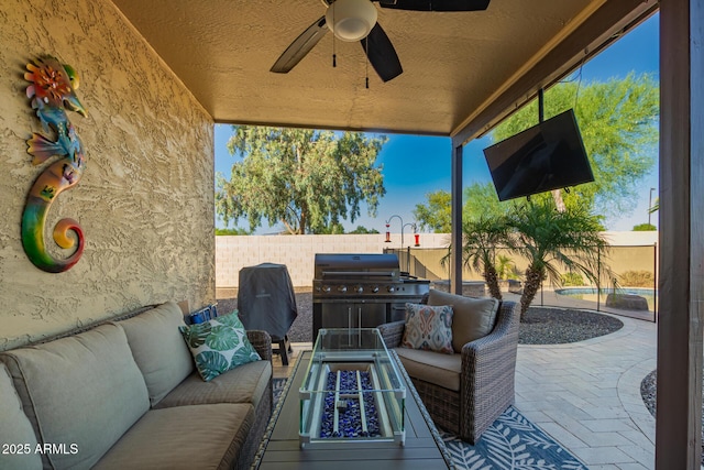 3532 W Mesquite Ave, San Tan Valley, AZ 85144 - fenced backyard with an outdoor living space with a fire pit, a grill, a patio, and a ceiling fan