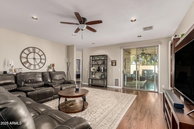 3532 W Mesquite Ave, San Tan Valley, AZ 85144 - living room with ceiling fan, wood finished floors, and recessed lighting