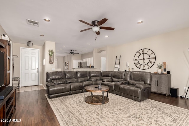 3532 W Mesquite Ave, San Tan Valley, AZ 85144 - living area with a ceiling fan, dark wood-style flooring, and recessed lighting