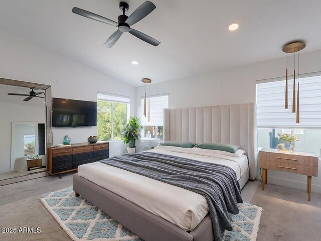 4748 E Redfield Rd, Phoenix, AZ 85032 - bedroom with lofted ceiling, a ceiling fan, and recessed lighting