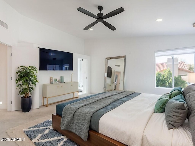 4748 E Redfield Rd, Phoenix, AZ 85032 - bedroom with light carpet, recessed lighting, ceiling fan, and lofted ceiling