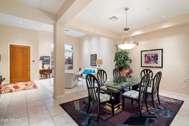 dining space featuring light tile patterned flooring, visible vents, recessed lighting, and baseboards