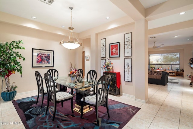 dining room featuring light tile patterned floors, visible vents, recessed lighting, and baseboards