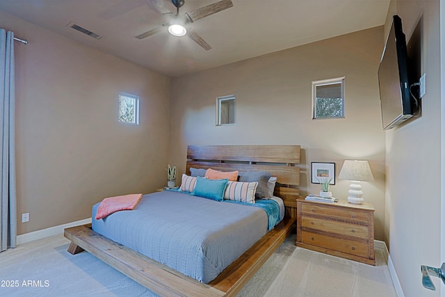 bedroom featuring visible vents, ceiling fan, and baseboards