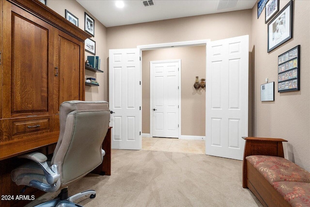 home office featuring light colored carpet