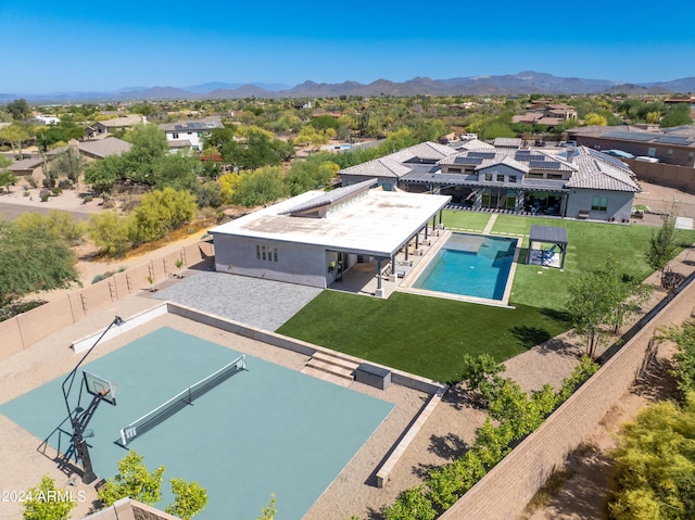 aerial view featuring a residential view and a mountain view