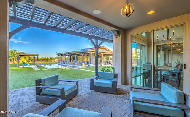 view of patio / terrace with an outdoor hangout area and a pergola