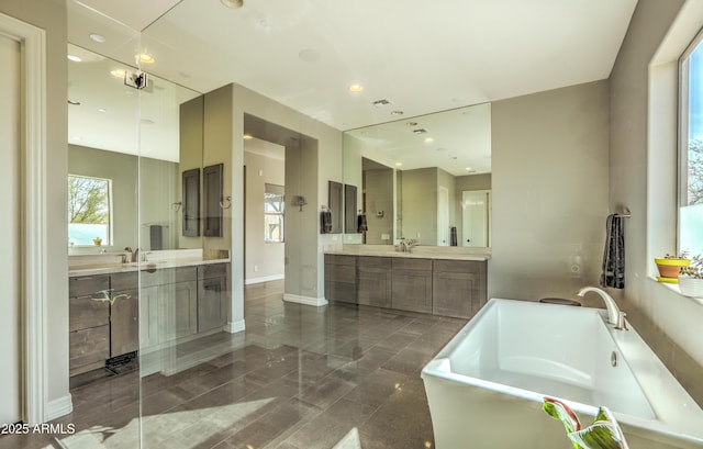 bathroom with a sink, a freestanding tub, and two vanities