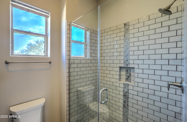 bathroom featuring a stall shower and toilet