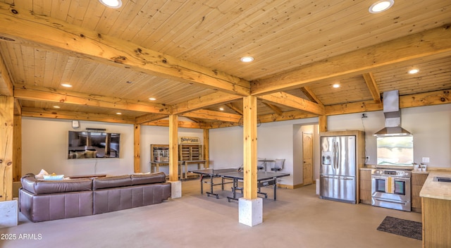 living room with wooden ceiling, finished concrete floors, beam ceiling, and recessed lighting