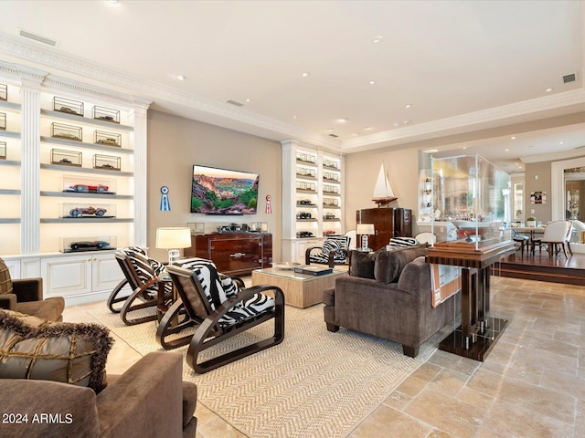 40 Biltmore Est, Phoenix, AZ 85016 - living room with built in features, visible vents, recessed lighting, stone tile flooring, and ornamental molding