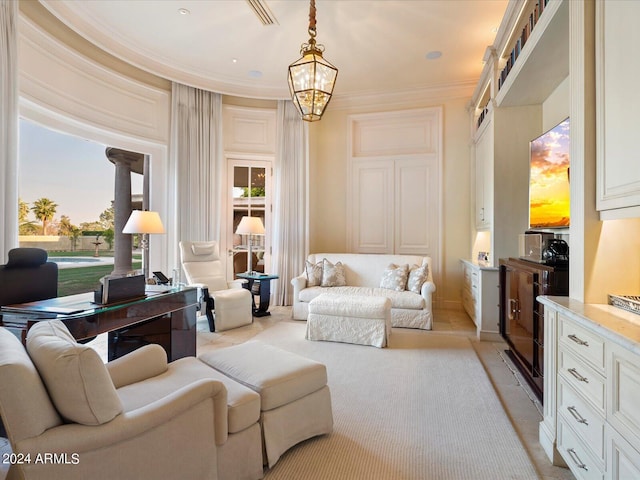 40 Biltmore Est, Phoenix, AZ 85016 - living room featuring a notable chandelier, plenty of natural light, and ornamental molding