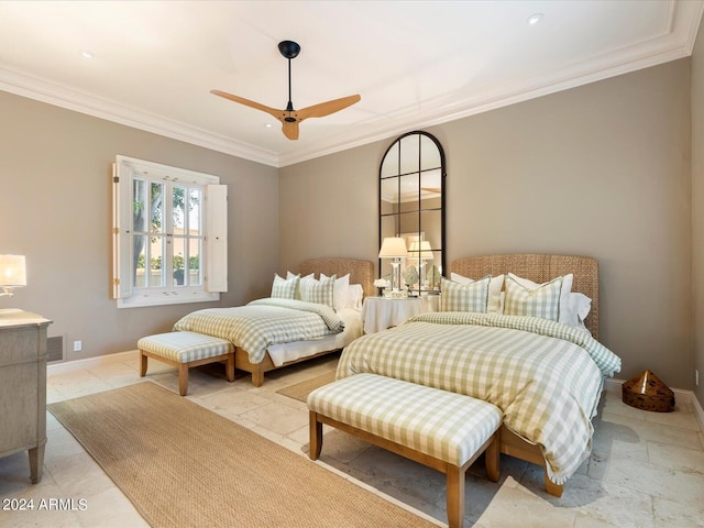 40 Biltmore Est, Phoenix, AZ 85016 - bedroom with stone tile floors, ceiling fan, crown molding, and baseboards