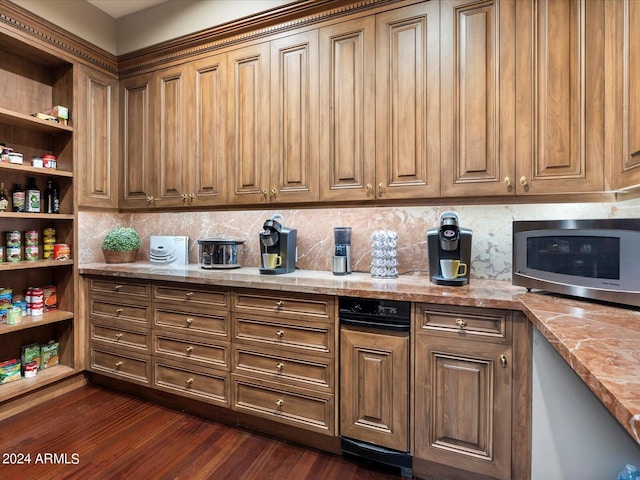 40 Biltmore Est, Phoenix, AZ 85016 - kitchen featuring decorative backsplash, light countertops, dark wood-type flooring, and open shelves