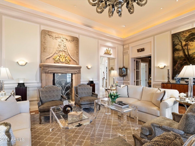 40 Biltmore Est, Phoenix, AZ 85016 - living room featuring a high end fireplace, a decorative wall, and ornamental molding