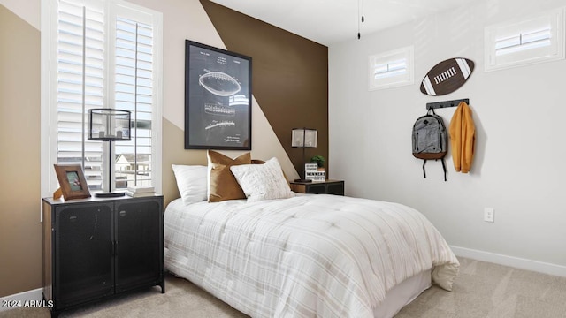 bedroom featuring multiple windows and light colored carpet