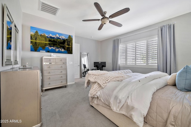 carpeted bedroom with ceiling fan